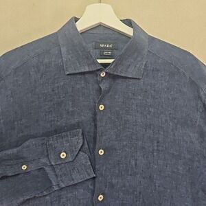 SPADA Puro Lino Men's 17.5 44 Blue Button Up Long Sleeve Shirt 100% Linen Italy